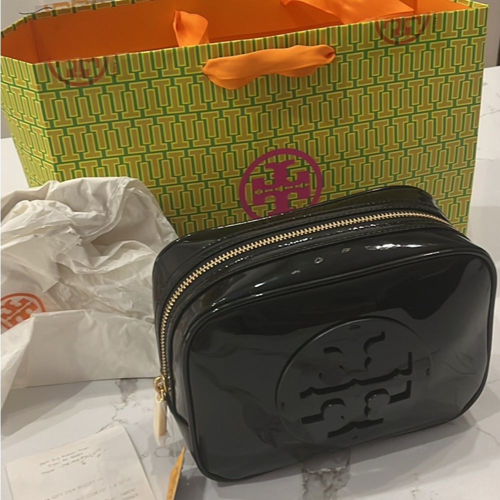 Tory Burch Black Patent Leather Cosmetic Case